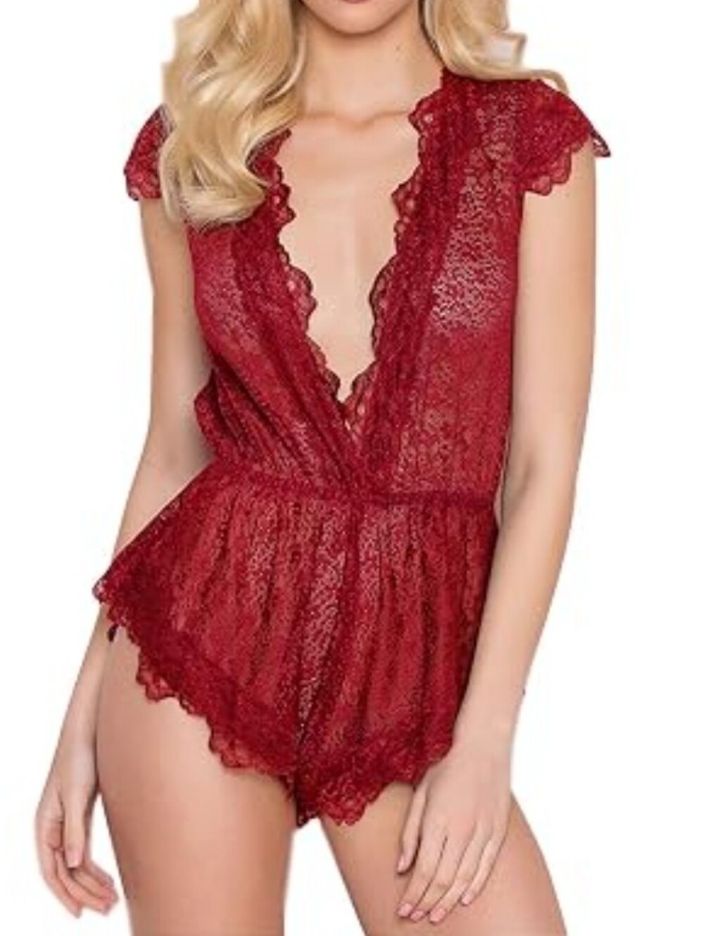 Lace Plunge Romper Bodysuit - Red